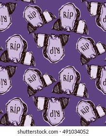 Old gravestone ornament. Tomb seamless pattern. Cemetery background. rip texture. Grave Ancient. Tombstone With cracks. Hand drawn vector illustration.
