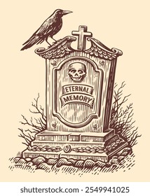 Old gravestone and raven, sketch. Cemetery, tombstone. Hand drawn vector illustration