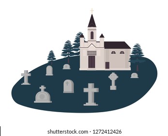 Old graveyard, cemetery or churchyard with graves, headstones or gravestones and Christian church, kirk or chapel. Place for burial of dead bodies. Colorful vector illustration in flat cartoon style.
