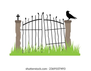 Old Graveyard Gate Element with Raven Flat Style. Halloween social holiday topic vector art