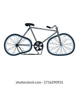 Velha bicicleta cinza travada com um cabo e mostrando dois pneus planos e raios quebrados