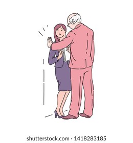An old gray haired man in a suit presses a young girl against a wall in an office. Sexual harassment of the boss or colleague in the workplace. Violence and bullying, vector cartoon illustration.
