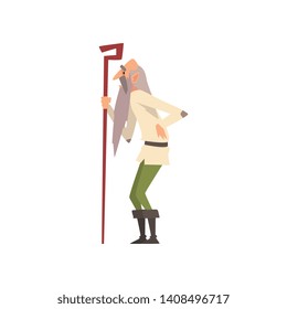 Old Gray Man in Medieval Clothes with Wooden Stuff Vector Illustration