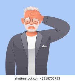 The old gray-haired grandfather clutched his forehead in sadness. Sad elderly bearded man with glasses. Vector illustration in cartoon style on a blue background.