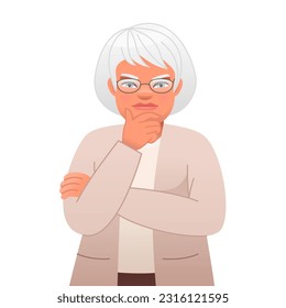 Old gray-haired grandmother in glasses thought about something. Elderly woman standing in thought. Vector cartoon illustration isolated on white background.