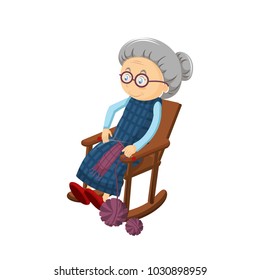 Old gray-haired grandmother, sits in a cozy chair rocking, embroidering and knitting with threads. Pastime of an elderly woman, in a chair, on weekdays, home. Vector illustration in cartoon style.