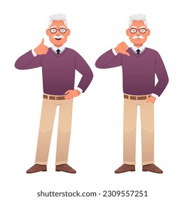 An old gray-haired man with glasses shows a gesture of approval and disapproval. Good and bad. Likes and dislikes. Vector illustration in cartoon style on a white background.