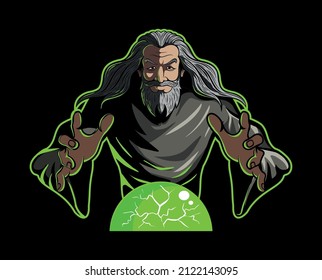 Old, gray-haired man with the green magic ball. Vector magician, wizard image on the black background.