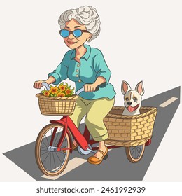 An old gray-haired smiling grandmother in glasses rides along the highway on a bicycle with a stroller.
