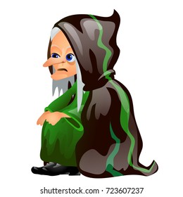 Old gray-haired witch in a black and green cloak isolated on white background. Sketch for a poster or card for the holiday of all evil spirits Halloween. Vector cartoon close-up illustration.