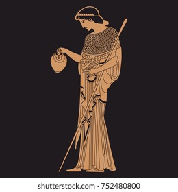 Old Greek goddess Athena with owl and vessel. Standing female figure. Isolated vector illustration on dark background. Based on authentic red-figure vase painting style. Red-figure pottery.