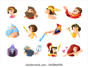 Old greek gods cartoon figures set with dionysus zeus poseidon aphrodite apollo athena vector illustration