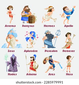 Old greek gods cartoon figures set with dionysus zeus poseidon aphrodite apollo athena vector illustration