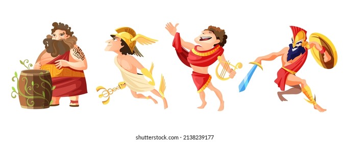 Old greek male gods cartoon figures set vector illustration