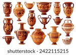 Old greek vases and amphorae, ancient pottery. Antique clay pots, jars for wine and vessels with classic roman mythology scenes. Ancient ceramic vases, greek pottery, vector cartoon illustration