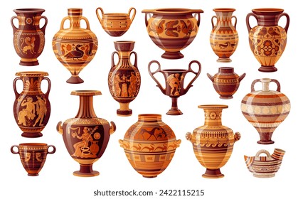 Old greek vases and amphorae, ancient pottery. Antique clay pots, jars for wine and vessels with classic roman mythology scenes. Ancient ceramic vases, greek pottery, vector cartoon illustration