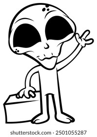 Old Green Alien cartoon characters carrying a suitcase and get ready for travelling around galaxy. Best for outline, logo, and coloring book with unexplored themes