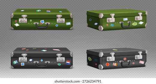 Conjunto de maletas verdes y negras antiguas aisladas sobre fondo transparente. Ilustración realista de Vector de equipaje vintage con pegatinas de viaje, estuche de equipaje de cuero vintage con cerradura de metal