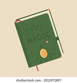 Viejo libro verde de magia y brujería con cristal. Concepto de atributo de brujería. Ilustración vectorial al estilo de las caricaturas. Aislado sobre fondo amarillo.