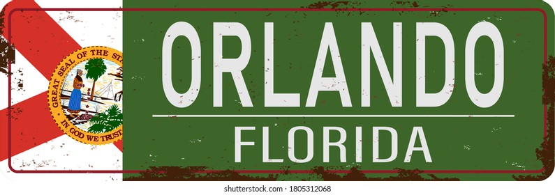 old green grunge Orlando road sign on a white background