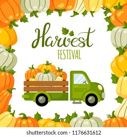 An old green harvest truck carrying large ripe pumpkins. Elements for postcard for Thanksgiving day. Printed materials for brochures, flyers, banners.