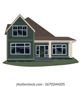 Antigua casa verde con ventanas rotas. Ilustración vectorial aislada sobre fondo blanco.
