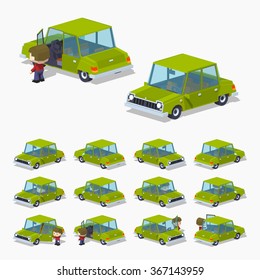 Old green sedan. 3D lowpoly isometric vector illustration. The set of objects isolated against the white background and shown from different sides