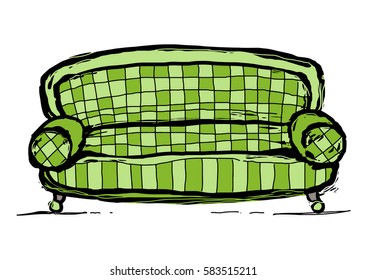Old green sofa upholstered in a plaid fabric. Graphic arts. On a white background