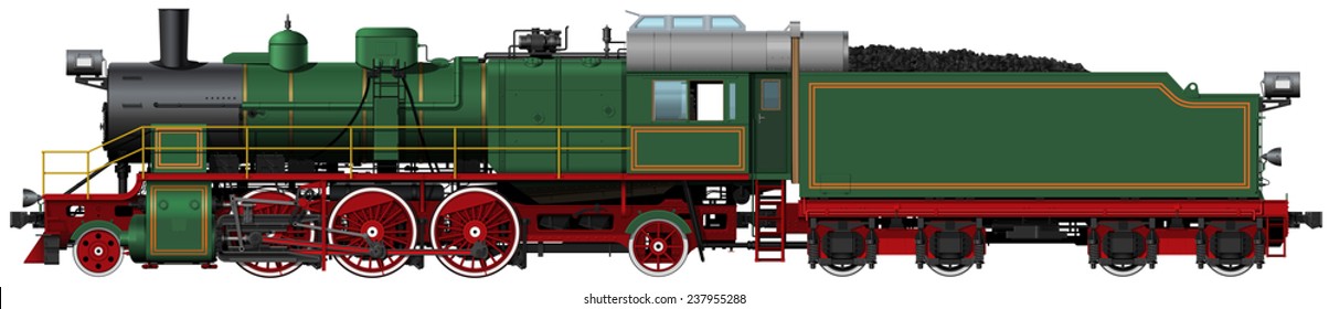 the old green steam locomotive with red wheels