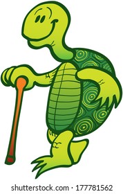 Old green turtle smiling while walking animatedly with the help of its cane