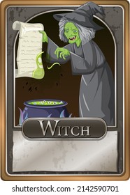 Old green witch character game card template illustration