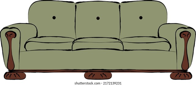 Old Green and Wooden Sofa Vector Illustration Hand Drawn isolated over white.