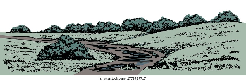 Old green yard shrub woods slip muddy dirty messy slush mire earth soil ground lawn trace lane car travel fall lake scene retro art line artist style symbol. Hand drawn rustic tourism plant flora hill valley park cloud scenic view text space backdrop