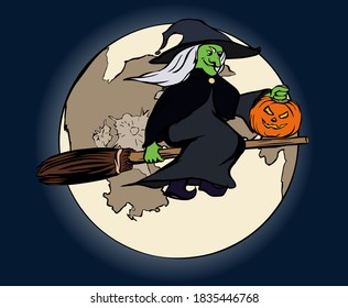 Old green-skinned witch with halloween pumpkin lantern (Jack'o Lantern) flying on broom against the yellow full moon