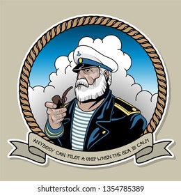 Old grey Captain Smoking a Pipe, Rope, Ribbon and Quote. Original  Tattoo Design 
