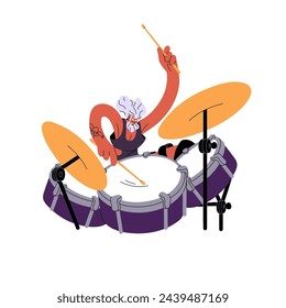 Old grey drummer performs on concert. Professional rock artist beats drum kit with drumsticks. Talented musician shows on stage. Rocker plays on music show. Flat isolated vector illustration on white