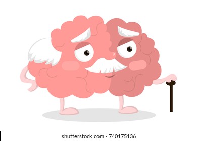 Old grey-haired brain with cane on white background.