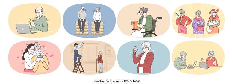 Old grey-haired grandparents enjoy happy good maturity in retirement house. Life of senior people. Saving for pension and communicating with relatives online. Elderly concept. Vector illustration. 