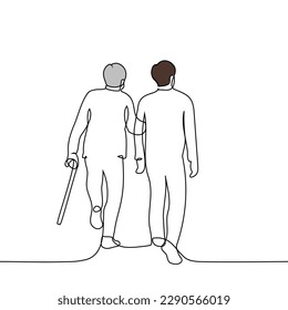 old grey-haired man with a cane walking holding hand of a young adult male of his son, grandson or social worker - one line drawing vector. concept leisure with parents, family generations together