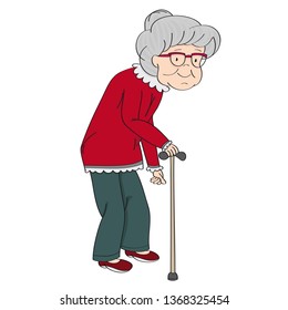 Old grey-haired senior lady, retired woman, granny with walking stick. Original hand drawn illustration.