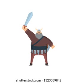 Old grey-haired viking stands with sword above head over white background