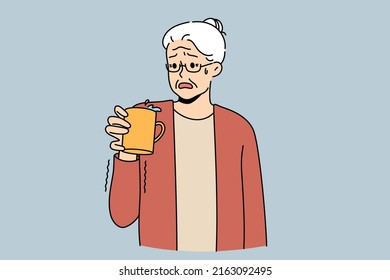 Old grey-haired woman hold cup feel trembling in hands. Unhealthy mature female suffer from Parkinson disease feeling limbs shaking. Elderly healthcare. Vector illustration. 