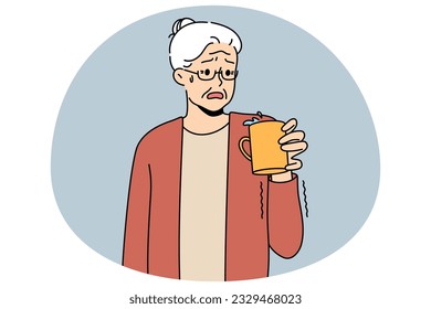 Old grey-haired woman hold cup feel trembling in hands. Unhealthy mature female suffer from Parkinson disease feeling limbs shaking. Elderly healthcare. Vector illustration.