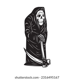 old grim reaper with sickle character vector illustration. black and white