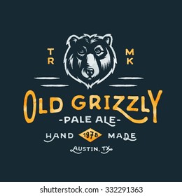 Old Grizzly Hand Made Pale Ale Label Design. Vintage Americana Style.Hand Drawn Custom Type and Bear vector Illustration. Old School Flavor. Great for beer label,t shirt fashion print tee graphics etc