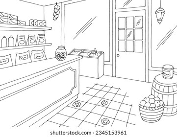 Old grocery store shop interior black white graphic sketch illustration vector