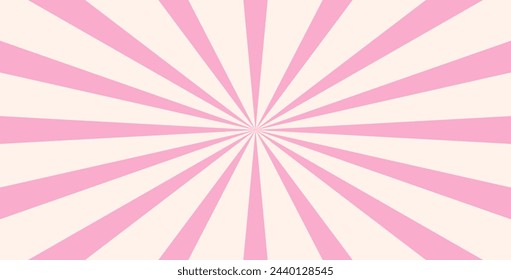 Old groovy background. Hippie backdrop with curved stripes. Y2k aesthetic. Retro psychedelic vector illustration. Abstract pattern with rays. Twisted design in pink colors.