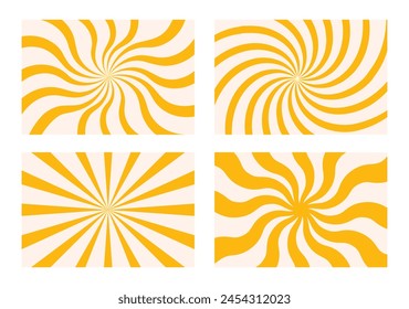 Old groovy backgrounds set. Hippie backdrops with curved stripes. Y2k aesthetic. Retro psychedelic vector illustration. Abstract patterns with colorful rays. Twisted design in yellow colors.