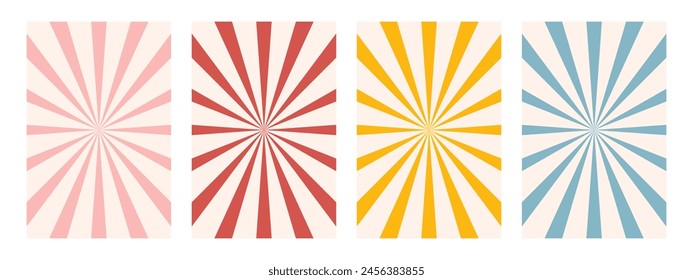 Old groovy backgrounds set. Hippie backdrops with curved rays or stripes in the center. Y2k aesthetic. Retro psychedelic vector illustration. Abstract patterns with colorful rays. SunBurst Effect.