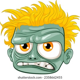 An old, grumpy zombie with green skin in a cartoon illustration